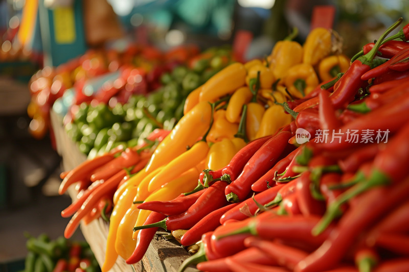 农贸市场摊位上色彩丰富的辣椒特写