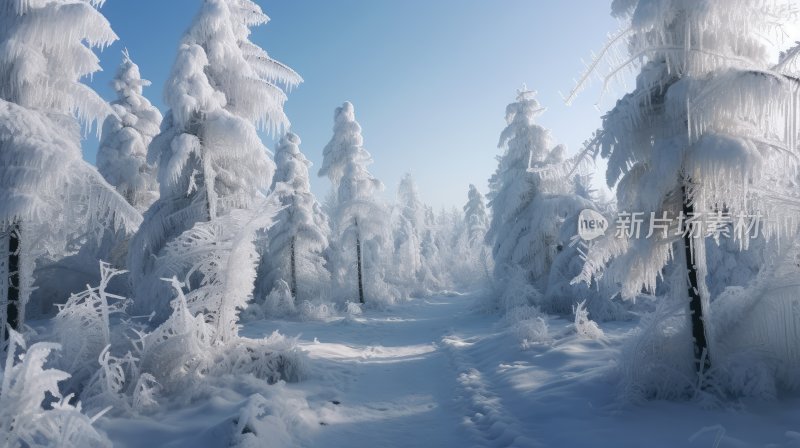 冬季雪山林中被冰雪覆盖着的树