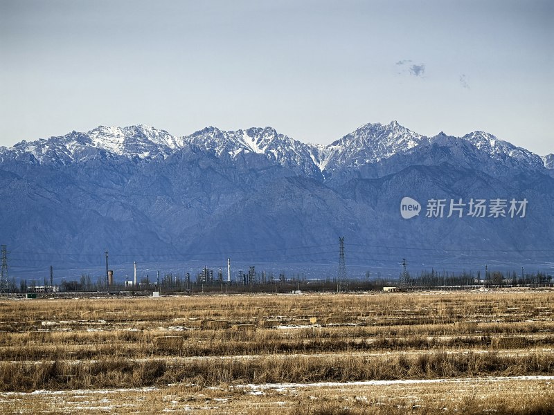 田野与远处雪山景观