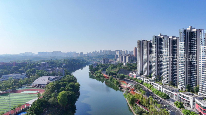 航拍四川自贡城市建设釜溪河风光摄影图