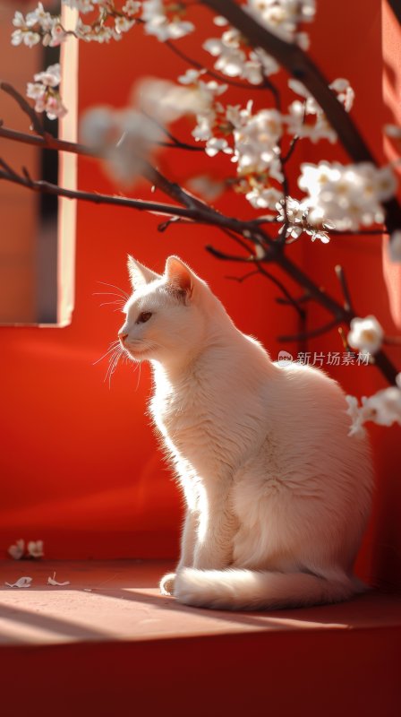 春日暖阳红墙白猫可爱猫咪晒太阳背景