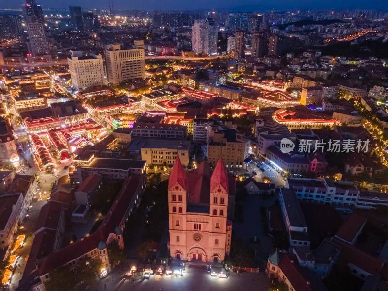 青岛大鲍岛历史文化街区城市夜景航拍全景