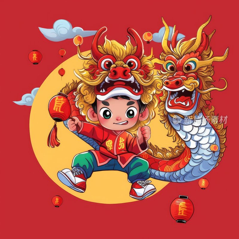 国潮插图，舞龙的小男孩