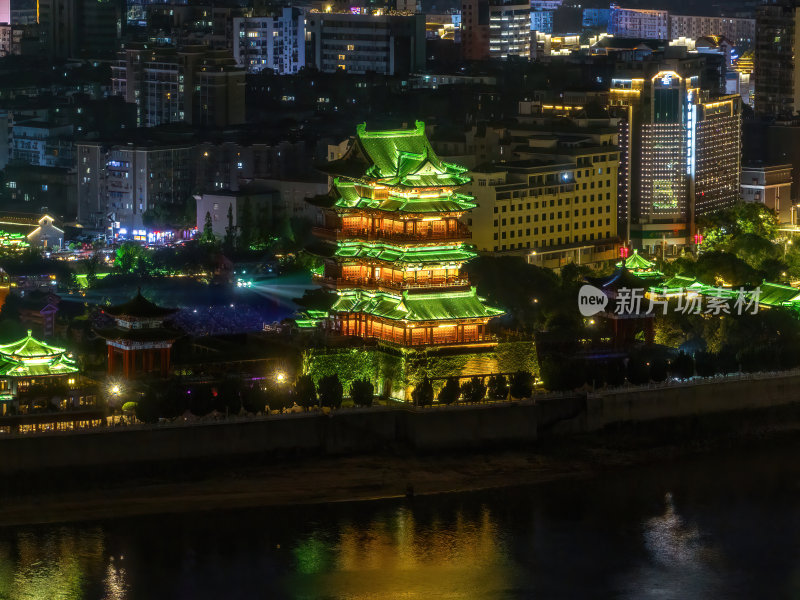 江西南昌红谷滩新区秋水广场夜晚日出航拍