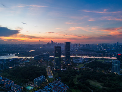 广州大学城生物岛日落夜景航拍