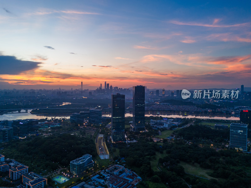 广州大学城生物岛日落夜景航拍