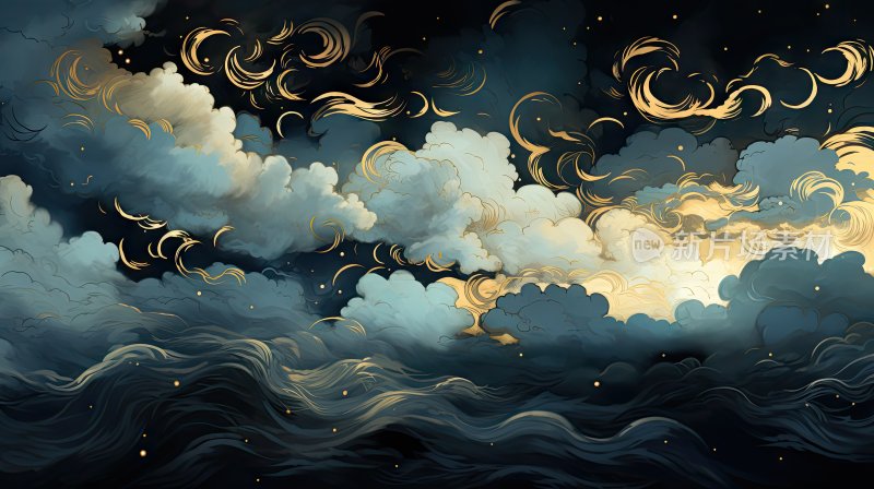 手绘黑金中国风卡通云层云纹插图