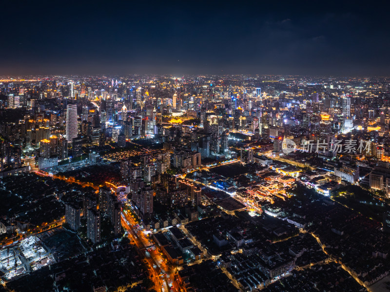 航拍上海浦西CBD高楼群夜景亮化