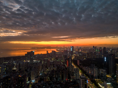 深圳城市风光，夕阳夜景，车水马龙