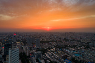 山东济南城市夕阳晚霞航拍摄影图