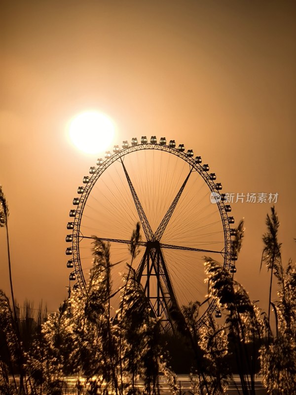 夕阳下的浪漫地标：湖畔摩天轮的金色剪影