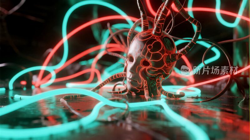 科幻面具与霓虹光线场景