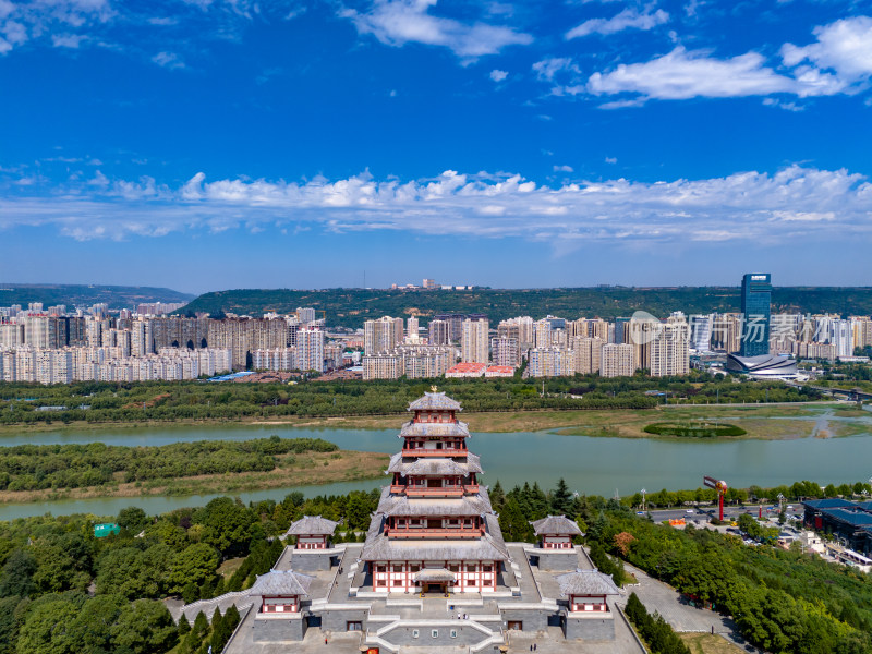 陕西宝鸡中华石鼓园城市风光航拍图