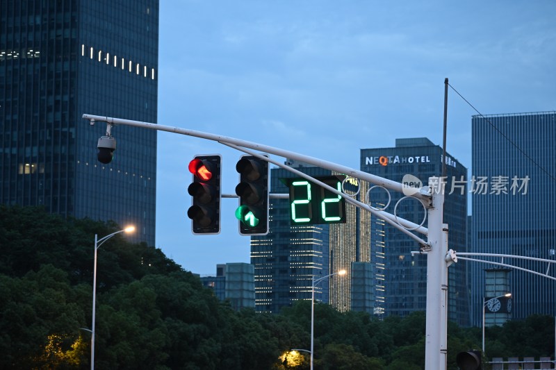 城市高楼前的交通信号灯