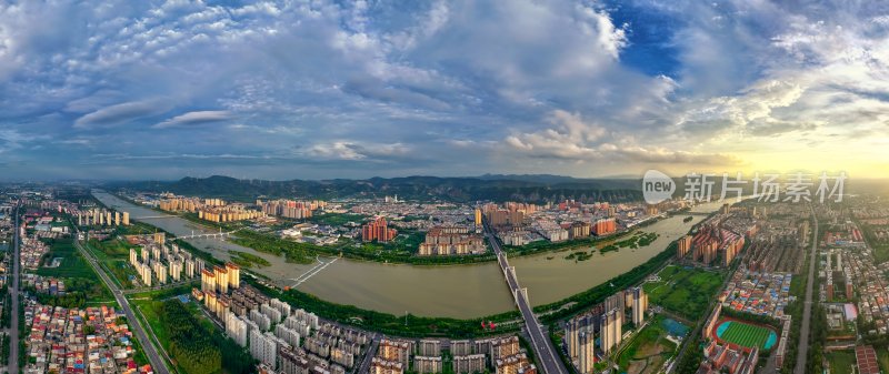 河南宜阳城市楼房河流环境航拍全景