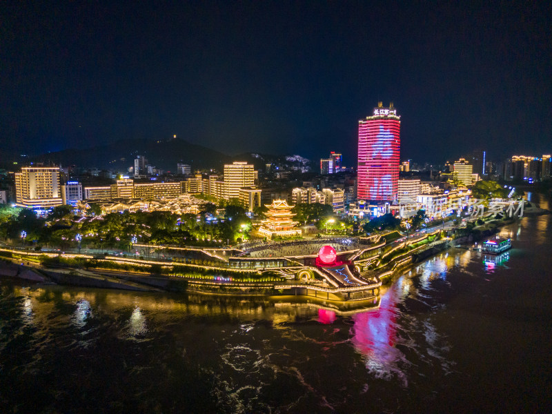 四川宜宾和江楼夜景航拍图