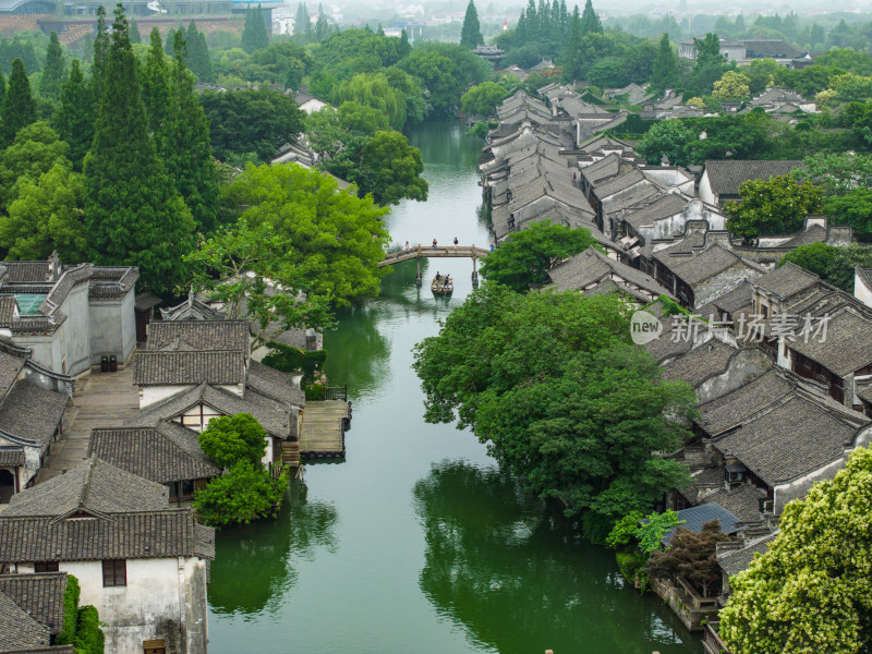 航拍江南水乡古镇乌镇全景