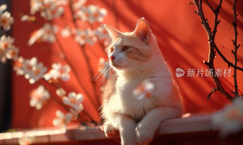 春日暖阳红墙白猫可爱猫咪晒太阳背景