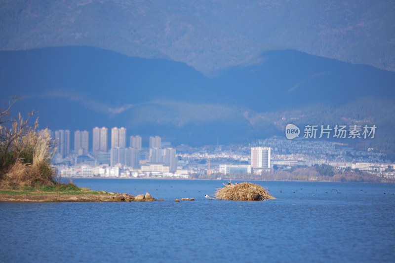 蓝天白云下的连绵山脉苍山洱海壮丽景象