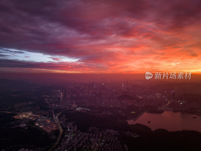 深圳梧桐山大湾区日落火烧云日落夜景航拍