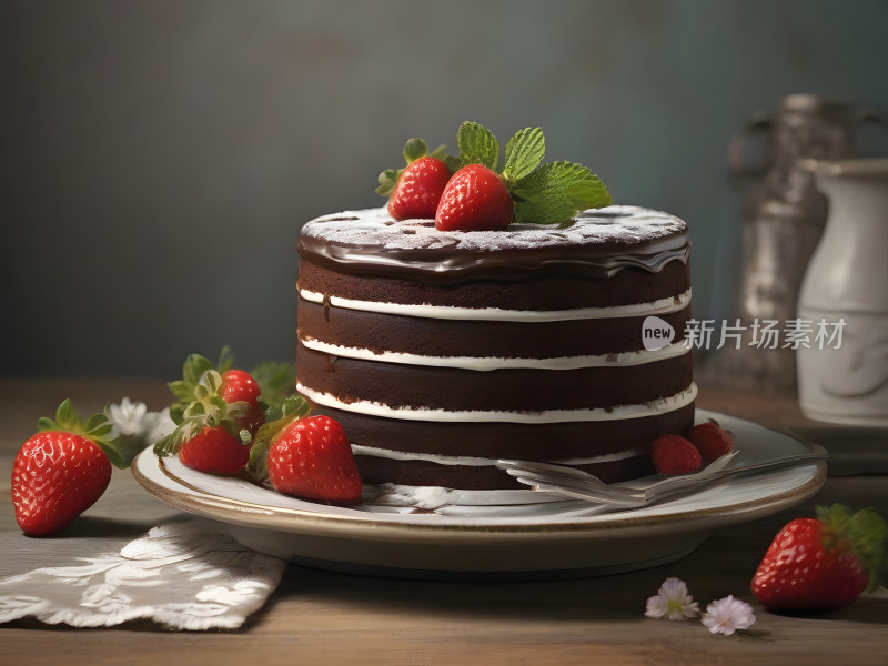 美味草莓巧克力奶油可可蛋糕甜点微距特写