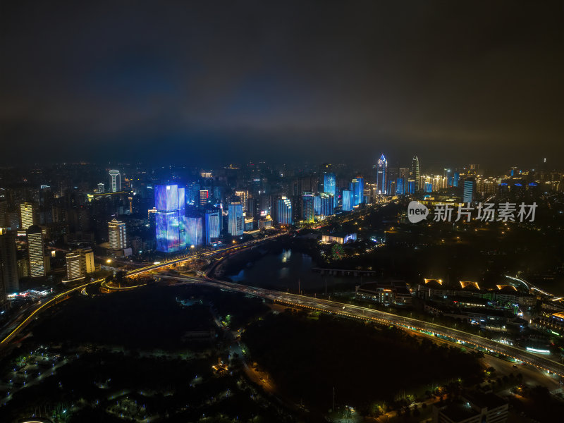 海南海口海滨新城城市车水马龙夜景灯光航拍