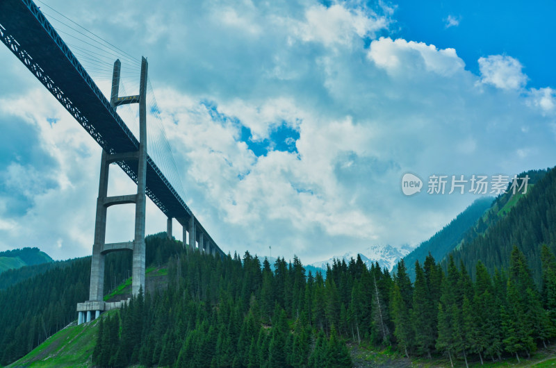 新疆伊犁果子沟大桥与山谷森林自然风光