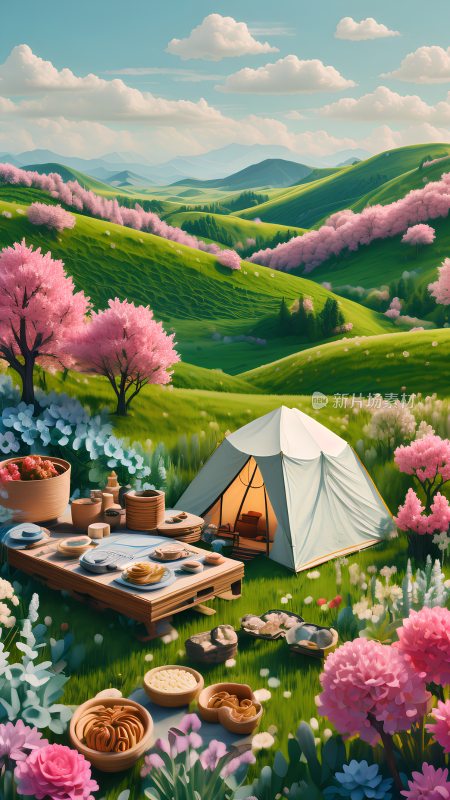 春天在野外山坡上露营的帐篷