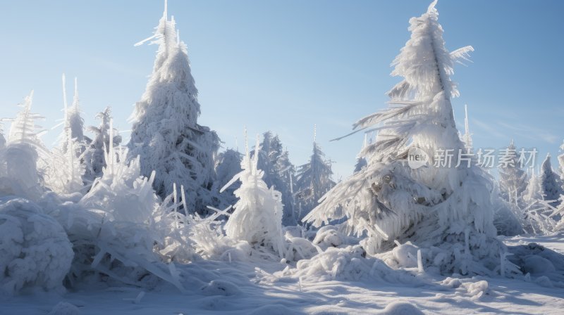 冬季雪山林中被冰雪覆盖着的树