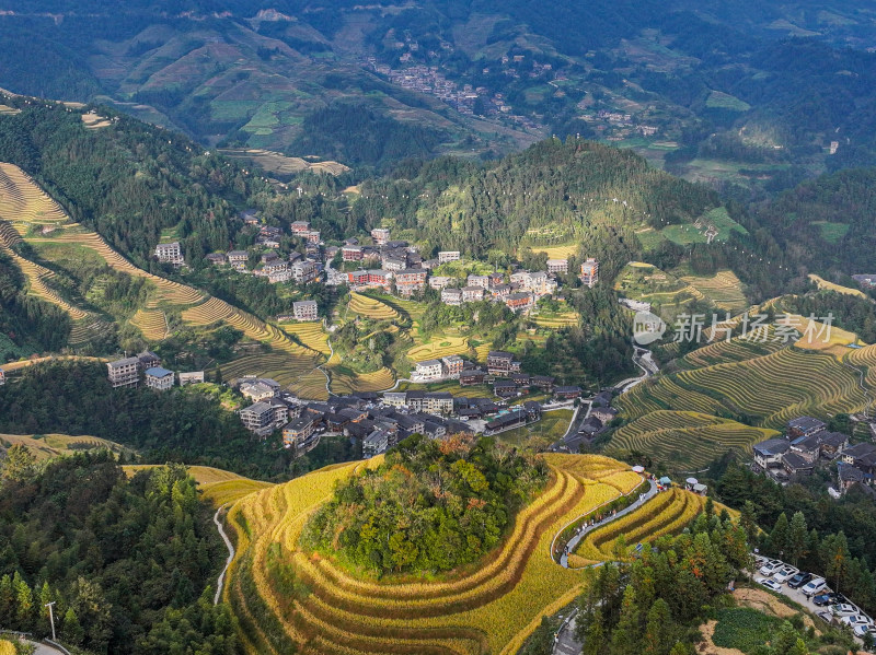 山间村落俯瞰 大片梯田环绕村庄之景