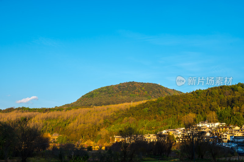 依山而建的村庄与山林风光全景