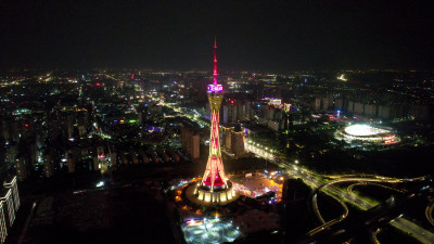 郑州中原福塔夜景地标建筑航拍图