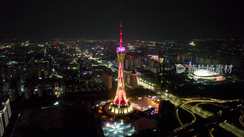 郑州中原福塔夜景地标建筑航拍图