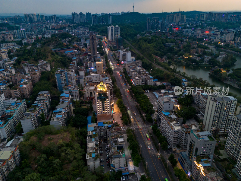 自贡晚霞夜幕降临航拍图