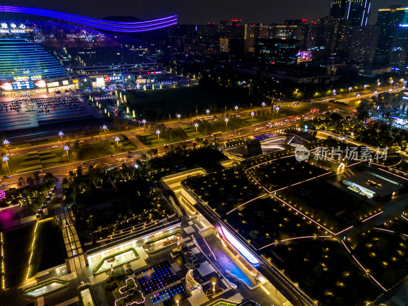 成都环球中心周边建筑夜景航拍图