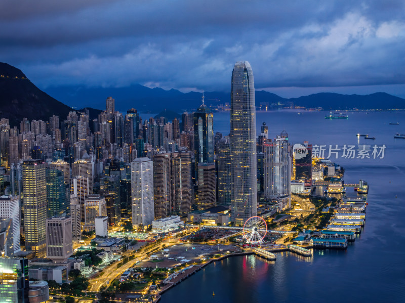 香港维多利亚港CBD中环夜景高空航拍