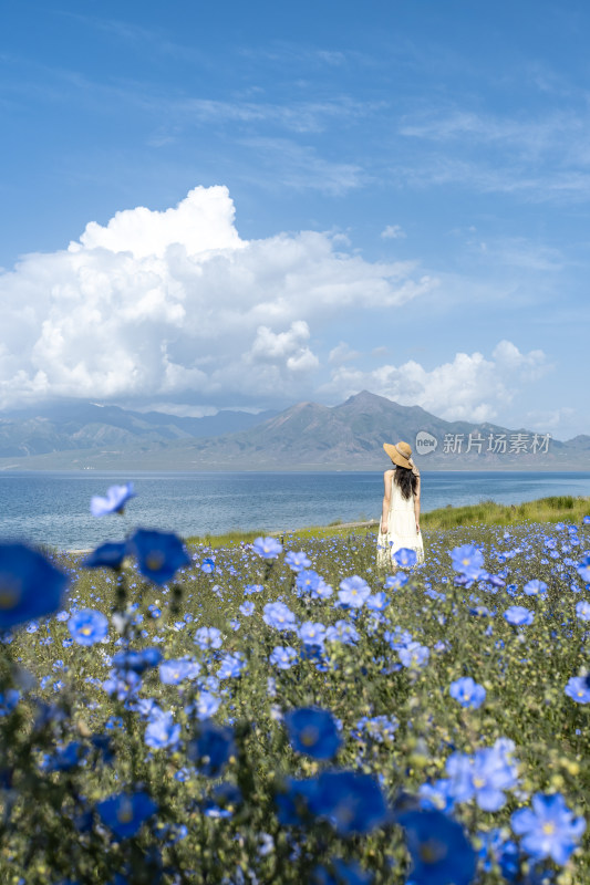 年轻女性站在赛里木湖边眺望远方的背影