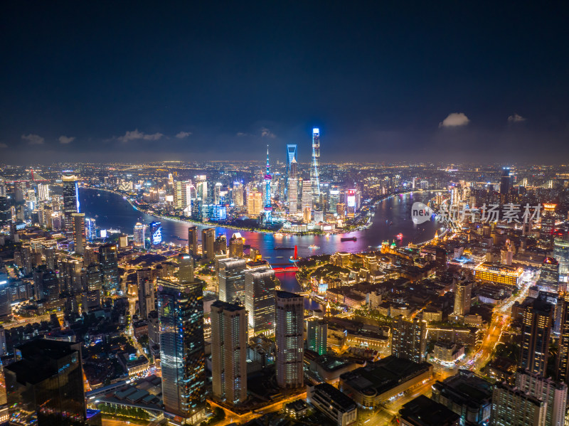 上海城市河流夜景鸟瞰图