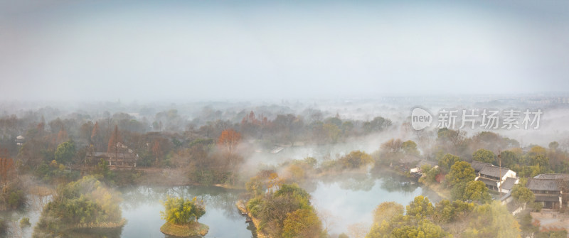 杭州西溪湿地公园秋天云雾航拍
