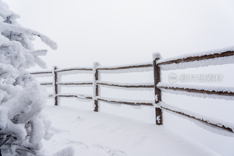 冬天大雪景区步道栏杆