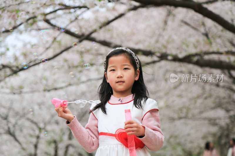 春天樱花盛开时开心玩耍的儿童 可爱女生