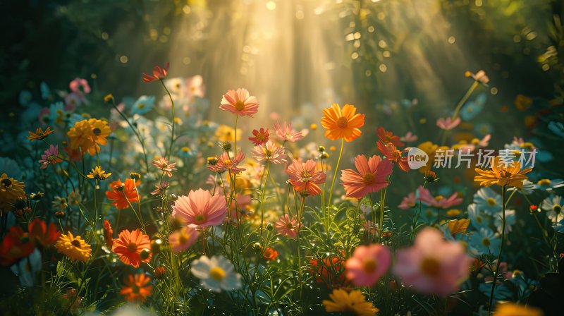阳光下花园里盛开的花朵