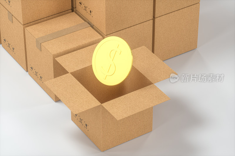 白色背景下打开的包装箱与金币 三维渲染