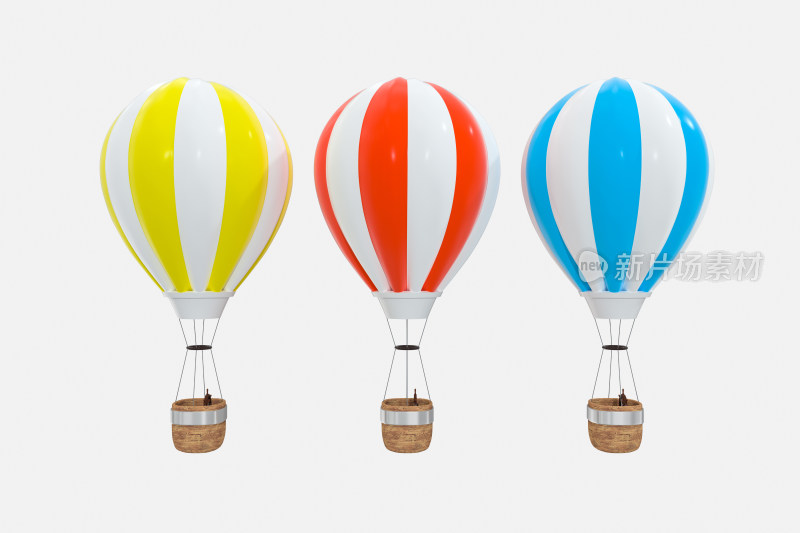 白色背景下条纹色彩的热气球 三维渲染