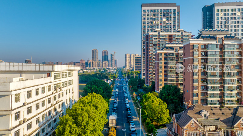 城市高层住宅与停在在道路的汽车