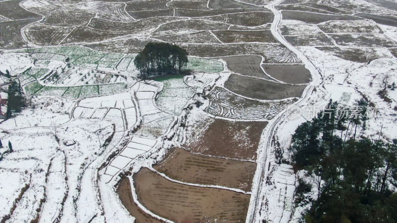 航拍冬天山区农田雪景