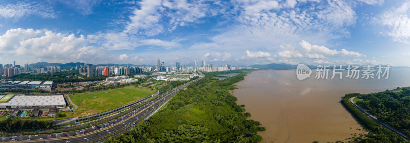 航拍广东深圳滨海大道福田红树林180度全景