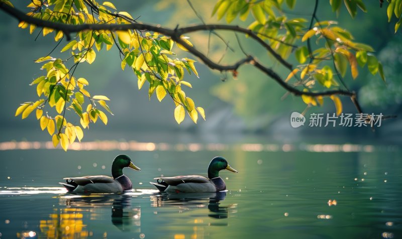 湖边鸭子春江水暖宁静悠闲湖泊背景