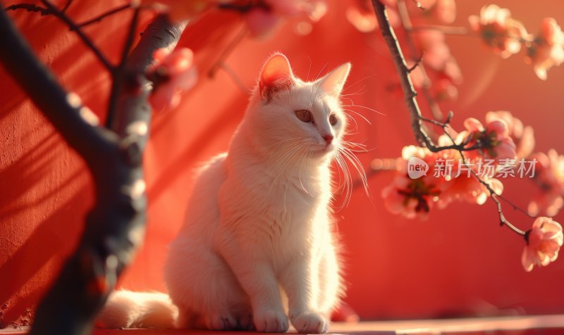 春日暖阳红墙白猫可爱猫咪晒太阳背景