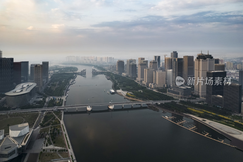 天津滨海海河响螺湾于家堡日出城市风光航拍